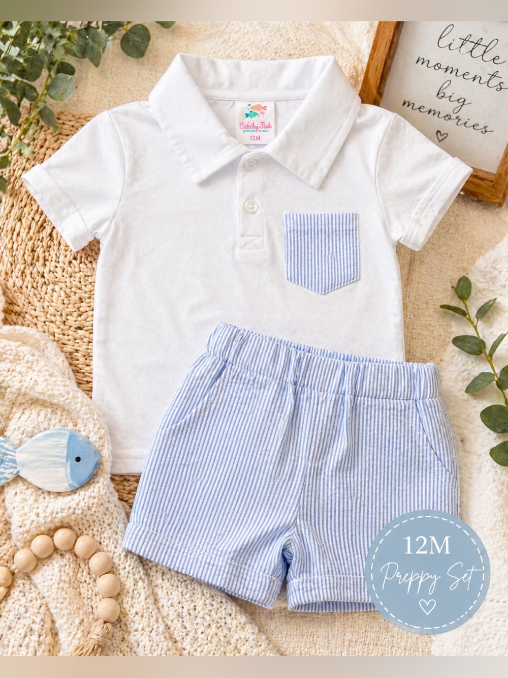 Stitchy Fish Baby Boy Outfit Set 12M Blue Seersucker Shorts & White Polo Tee